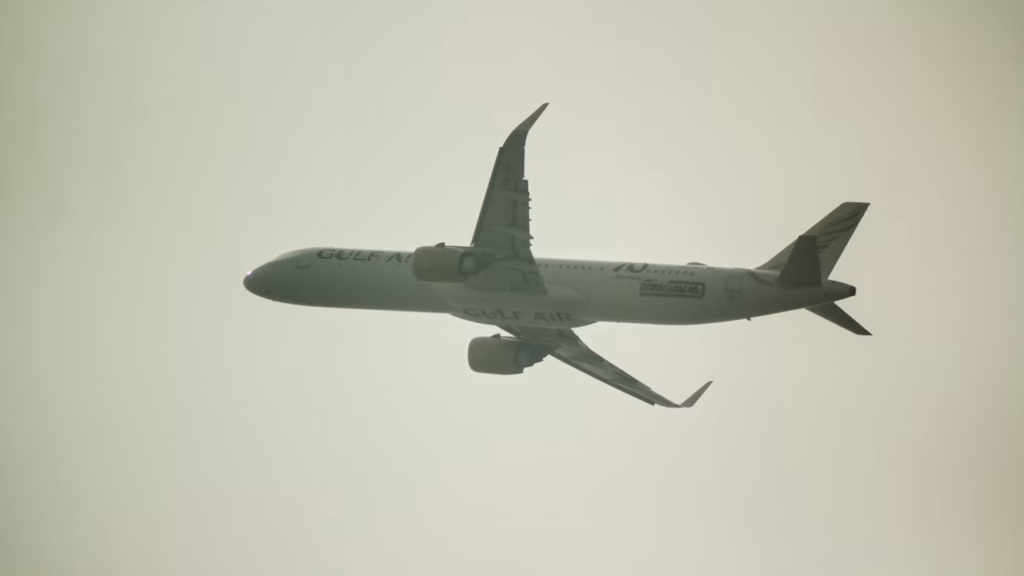 Airbus A321 in flight against a pale sky.