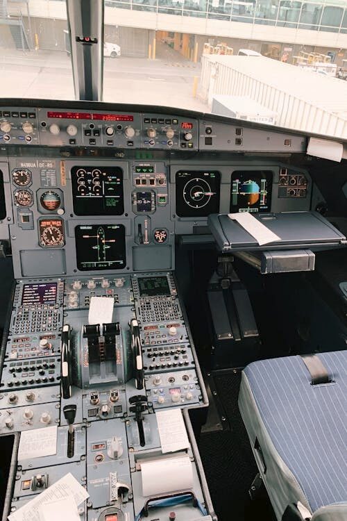 Inside view of the Airbus A320 cockpit with displays and controls