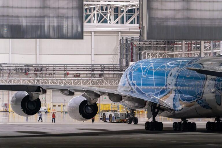 A vividly painted aircraft parked inside a spacious hangar with engineers nearby